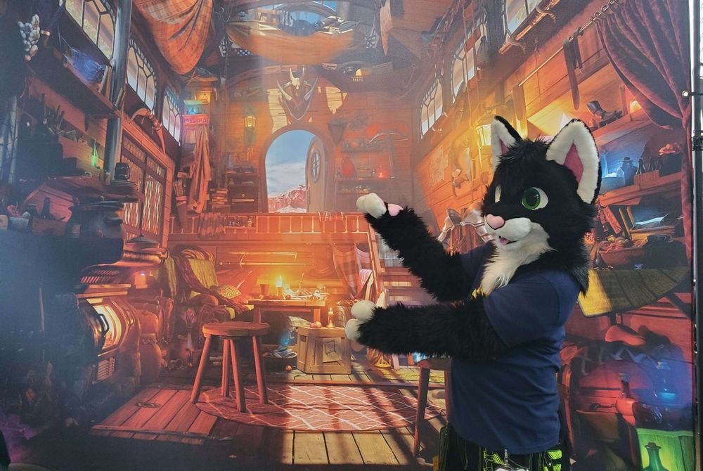 A black and white cat partial suiter standing in front of a life size backdrop of the inside of a fantasy wagon. 