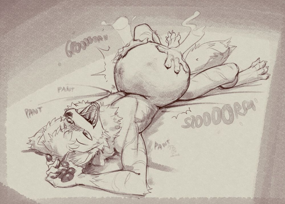 Sketch of Maki sprawled and enjoying some ghost hand belly rubs from the Niky kita he'd just eaten. Art by Lunlun