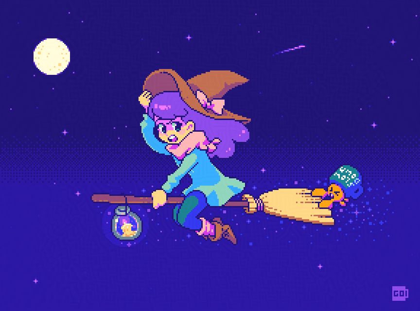Sam the blueberry witch flies a broomstick with Crabby clinging to the end of it for dear life