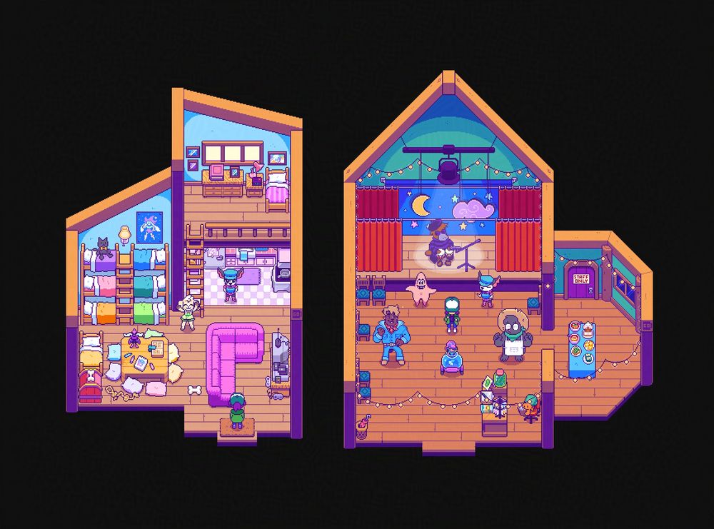 Moonshell Island interiors for Dot's Digs (dog pack HQ) and the Community Hall (NPCs dance to Campbell's performance)