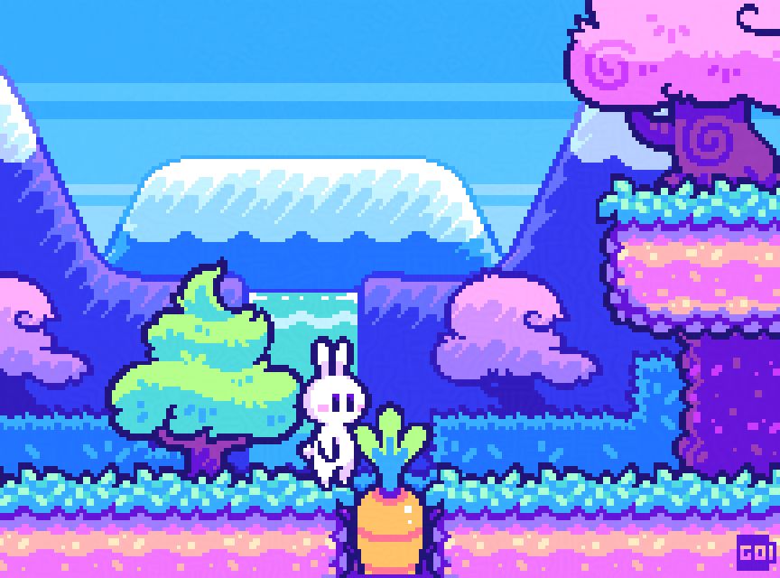 Sidescrolling game mock-up for Aseprite trailer: A bunny approaches a giant carrot in the ground in a vibrant Yoshi's Island-inspired world