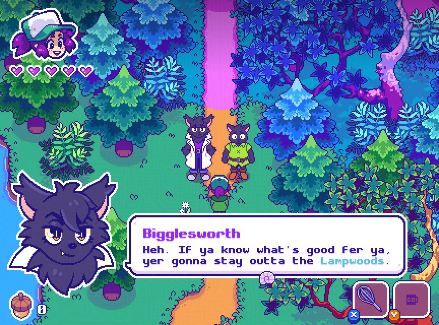 Moonshell Island screenshot: cat bros Bigglesworth and Wedginald block player from a forest. 
Bigglesworth: Heh. If ya know what's good fer ya, yer gonna stay outta the Lampwoods.