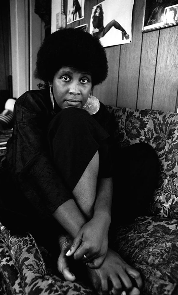 A black and white photo of Wanda Coleman