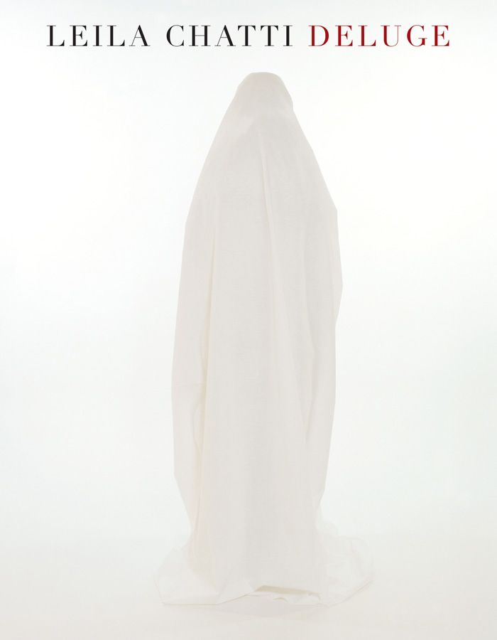 The cover image of Deluge which features the author's name, Leila Chatti, in black with the title in red next to it at the top of the cover image and below that is a person standing with a sheet over them. 
