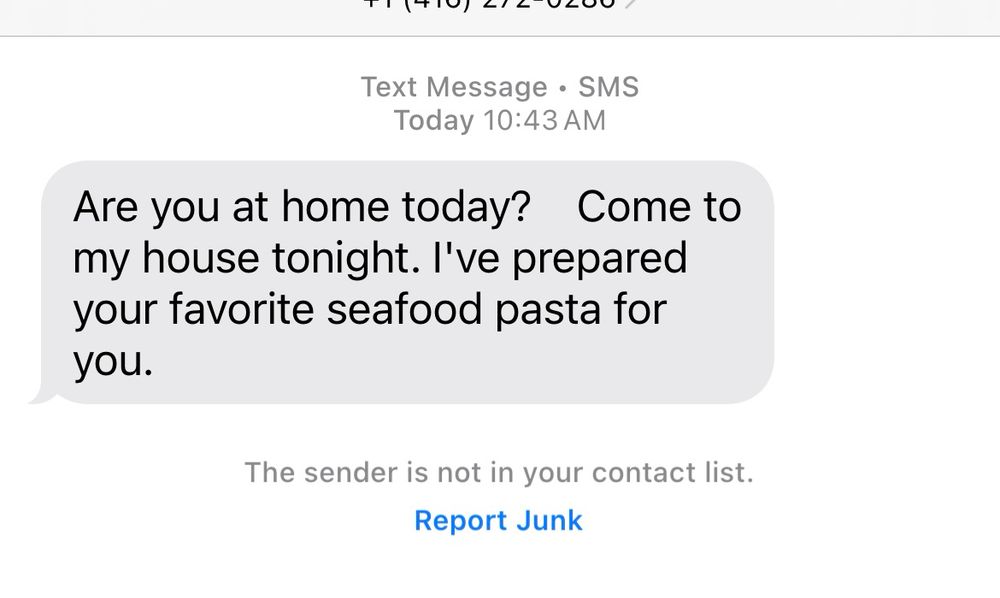 Scam text offering dinner with seafood pasta