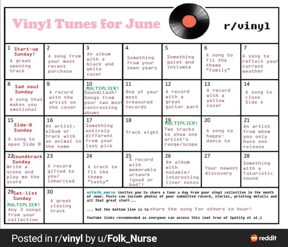 A calendar of various prompts for the reader to pick albums or songs from their collection, one for each day of the month of June.