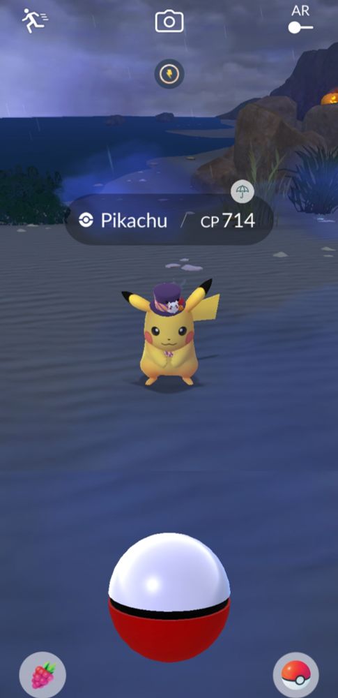 Pikachu is wearing his Halloween tophat. 