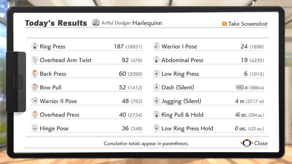 Ring Fit Adventure screenshot showing summary of exercises done today.
It's mostly upper arm and shoulder exercises including some Warrior I, II poses and the Hinge Pose.