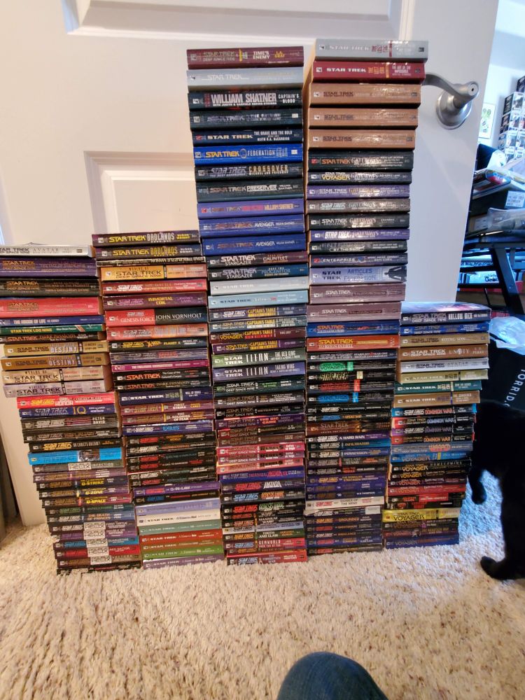 Several large stacks of Star Trek mass market novels.