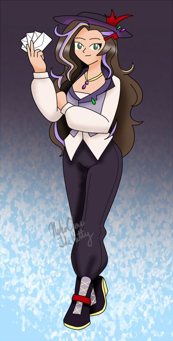 A light skinned woman with gray-green eyes and long dark brown hair. The streak is purple and pale yellow. She's wearing a light purple vest over an off white shirt, navy purple pants and dark boots with a red strap. She has a navy purple hat with a red feather on it. In her hand is a set of letters. The background fades from navy purple to blue-white.