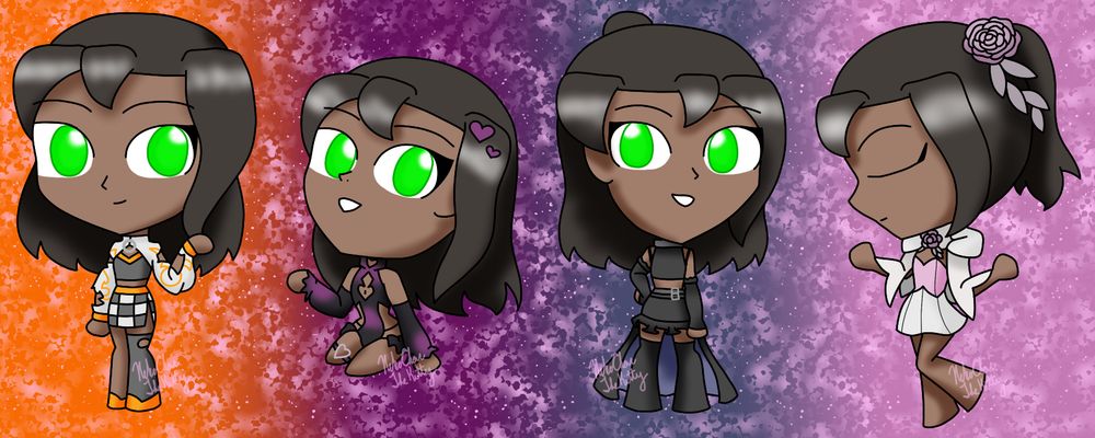 Rhiannon (dark skin, black hair, green eyes) in four different outfits. On the left they are wearing two different shades of gray with orange bands, on a darker orange texture. Next outfit is dark gray/almost black and very skimpy with purple spray across it. Third is another almost black outfit, probably made of leather, with a bared midriff, separated sleeves, thigh high boots and a long cape scarf. On the far right they have dull purple roses in their hair and on their neck, wearing a dress and cape with pale gray and a light purple bodice.