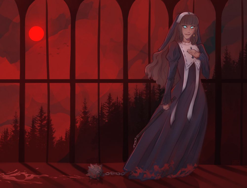 A very red illustration. A young woman named Aurelia Cresthell (she/her) is dressed in a long black evening dress (gothic lolita nun inspired) that's stained with blood at the edges. She has brown hair and piercing blue eyes that stare towards the viewer. She has an innocent smile on her face.

She drags a morningstar flail on the on the floor, with blood trailing after it, in front of a lot of tall windows, showing the forest outside and a blood red moon that coats the whole environment with red light. 