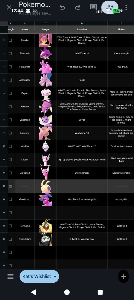 Mostly pink shiny pokemon listed in a spreadsheet 