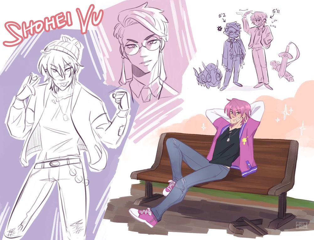 sketch page of Shohei (they/them) in Pokemon Legends ZA. Corbeau is also here because I like him and he's small.
-Shohei holding up a pokeball between two fingers 
-A bust of Corbeau
-Shohei lounging on a public city bench but with the handles in the middle taken out
-chibis of Shohei and Corbeau next to each other with Shohei pointing out their height difference (he is 5'2 and they are 5'11), a venipede and honedge are next to them 
