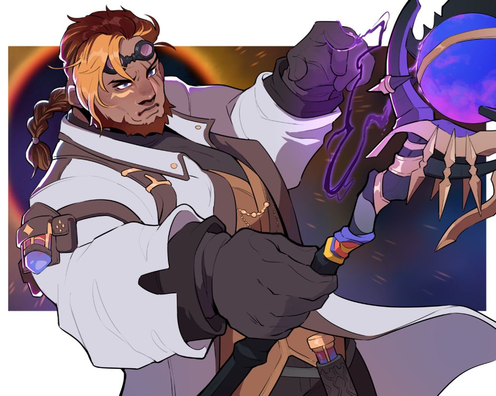 Umbral Sun (he/him), a male roegadyn with tan skin, reddish brown hair and yellow highlights, is brandishing a black mage staff, getting ready to cast a spell. He wears a fancy lab coat with vest underneath and goggles resting on his forehead. Directly behind him is an eclipsed sun.