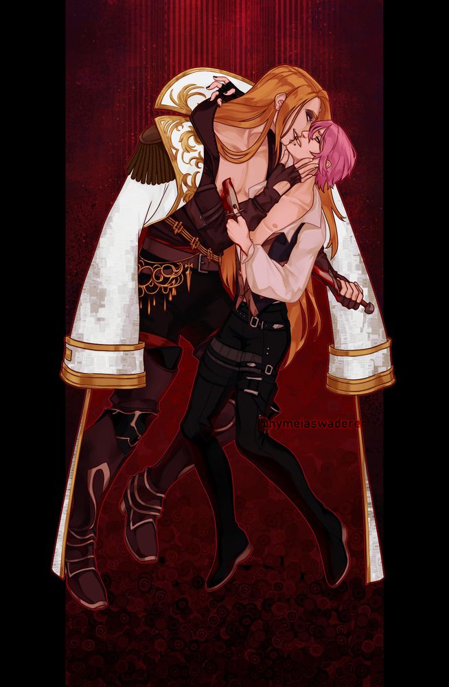 Commissioned art of a Warrior of Light and Zenos from FFXIV, inspired by The Kiss by Klimt, but the flowers are all dark red and both of them are stabbing each other in the heart. 