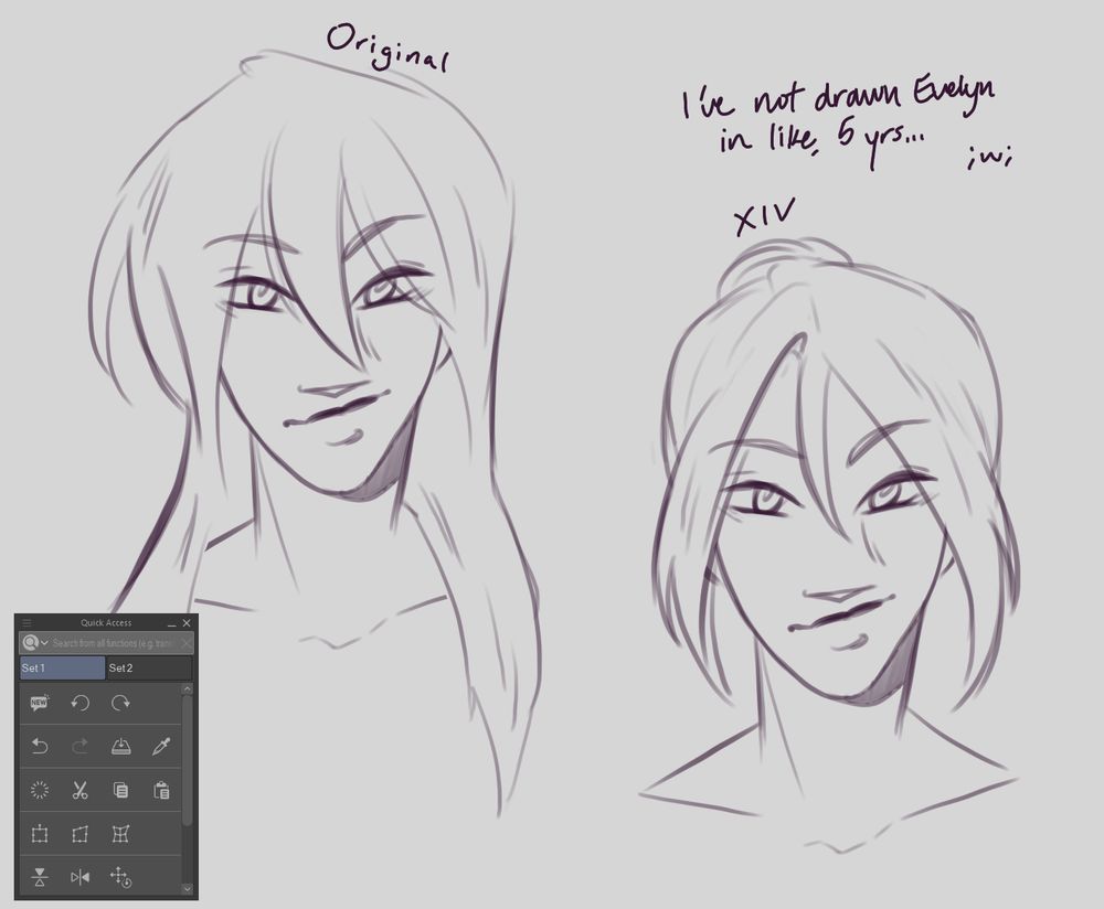 two sketch headshots of a the same woman but with hair down (original) and hair up in a bun (xiv).
"I've not drawn Evelyn in like, 5 yrs... ;w;" 