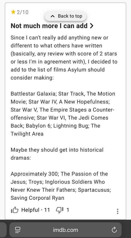 A scathing 2/10 Star review on IMDB for The Terminators (2009).
It reads:
Not much more I can add
Since I can't really add anything new or different to what others have written (basically, any review with score of 2 stars or less I'm in agreement with), I decided to add to the list of films Asylum should consider making:

Battlestar Galaxia; Star Track, The Motion Movie; Star War IV, A New Hopefulness; Star War V, The Empire Stages a Counter-offensive; Star War VI, The Jedi Comes Back; Babylon 6; Lightning Bug; The Twilight Area

Maybe they should get into historical dramas:

Approximately 300; The Passion of the Jesus; Troys; Inglorious Soldiers Who Never Knew Their Fathers; Spartacusus; Saving Corporal Ryan