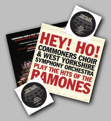 Cover of a 10" vinyl record.
Text: Hey! Ho! Commoners Choir and West Yorkshire Symphony Orchestra play the hits of the Ramones.