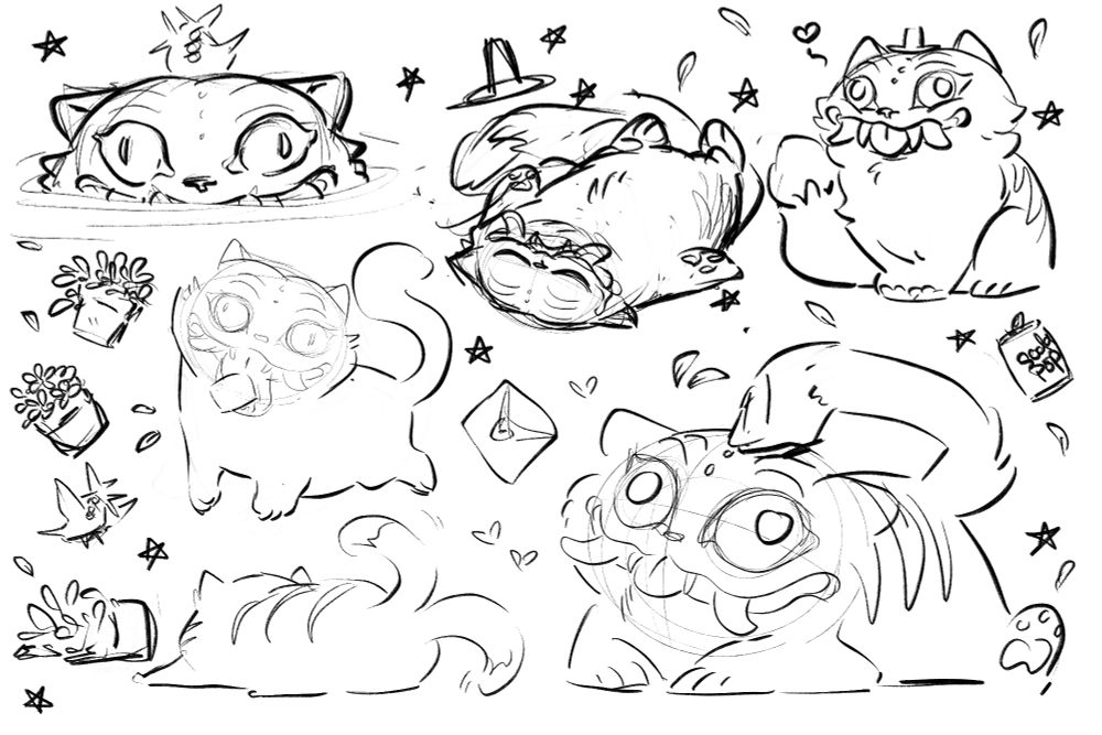 Six different playful poses sketched out of the tiger Derpy from Kpop Demon Hunters