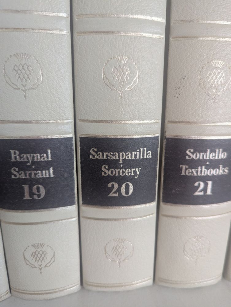 Titles of entries in an encyclopedia series. Sarsaparilla to Sorcery.