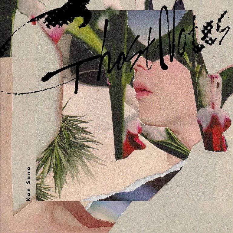 Cover art for the album "Ghost Note" by Kan Sano. It depcits a collage of cut and ripped photographs, with overwhelming grassy and sandy colours and textures. A face is cutout from the nose down, which flows into the rest of the photos seemingly naturally. The album name is written in a flowy ink over the collage. It gives me the impression of a sort of 'scrapbook dadaism', though the intended message is unclear.