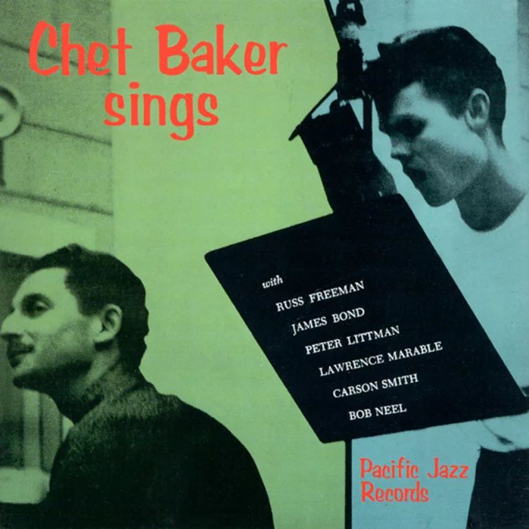 Cover art for Chet Baker's album "Chet Baker Sings". It's a photograph (or maybe two photographs stitched together) of the titular singer and trumpet player, Chet Baker, in the studio. He's singing into a microphone. The photograph is monocolour, tinted a turquoise. The left side of the cover features pianist Russ Freeman. This side is tinted green. The album title and record label are featured in an orange-red colour, and some of the personnel in white. 