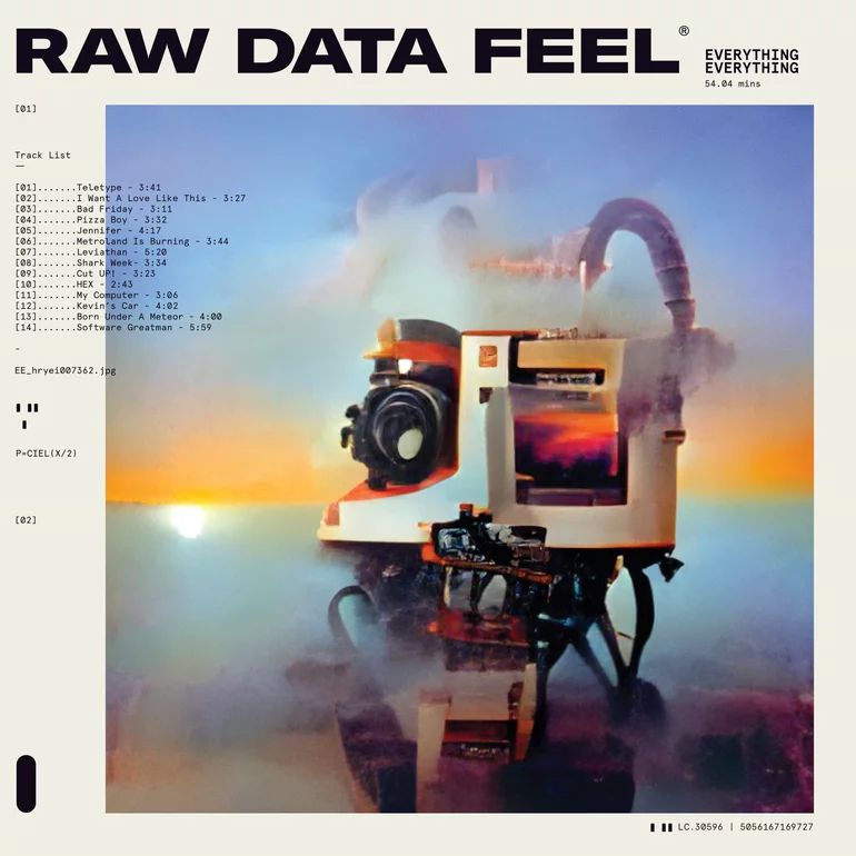 Cover art for the album "Raw Data Feel" by the band Everything Everything. The artwork looks like a piece of technology, but since the artwork was generated with an LLM computer model, it is impossible to determine what exactly the object is. My best description is 'an old-school camera as viewed by someone suffering psychosis'. Behind the object is a blur of colour, looking somewhat like a sunset. The tracklisting is printed partially covering the artwork. The overall feeling is uncanny; A self-portrait by a piece of technology that's somewhat human, but not quite.