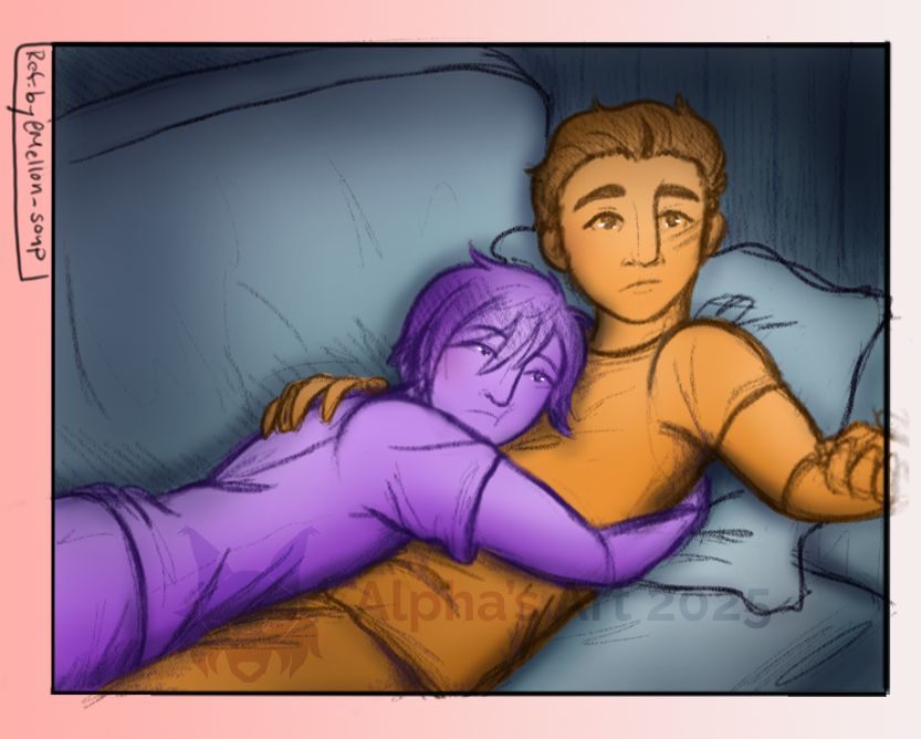 A sketch draw of Ezra and Sabine relaxing, Ezra laying back on a sofa with Sabine laying on top of him, resting her head on his chest as they stare ahead. Ezra holds a remote a little out of frame, both seeming to be watching a holofilm/show. 

Their appearances are that of Season 3-4ish era of Rebels.