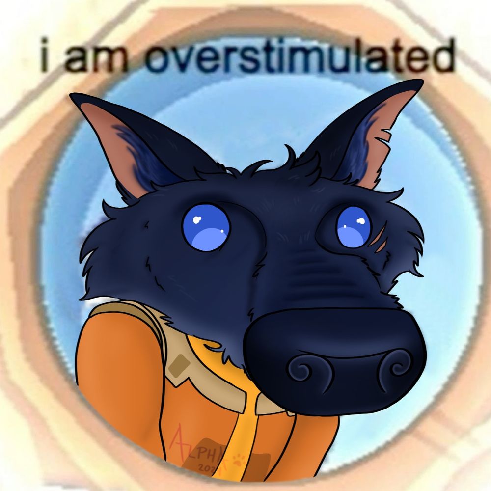 A redraw of a low quality, pixelated image with a blue and white wolf but with wolf!Ezra drawn in its place. His blue eyes wide and unfocused, a fisheyed lens look makes his nose look big. 

There is a golden frame around him with the caption, "I am overstimulated" written on top.