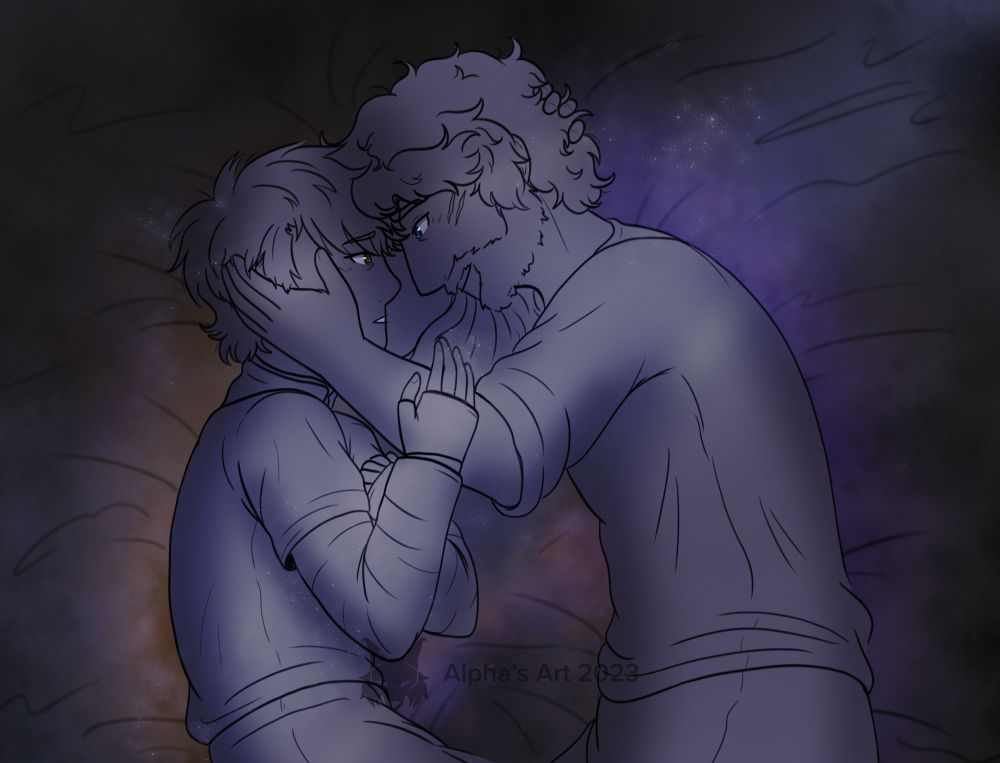 A frame of Sabine and Ezra, with him gently pulling her face closer to his, resting their foreheads against each other as he smiles at her gently. Sabine is slightly flustered and looking at him uncertain.