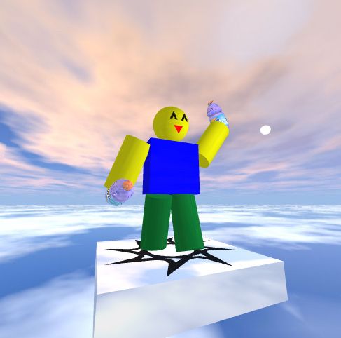 A simplified rendering demo of a roblox noob with cylinders for arms and legs, holding bloxiades on a spawn in the classic roblox skybox