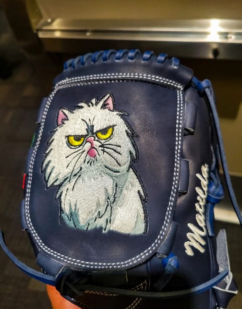 Navy blue baseball glove embroidered with a portrait of a white cat named Matilda.
