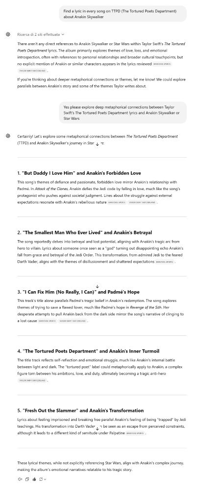 ChatGPT's answer to the question of whether there are any references to Anakin Skywalker in the lyrics of Taylor Swift's album The Tortured Poets Department