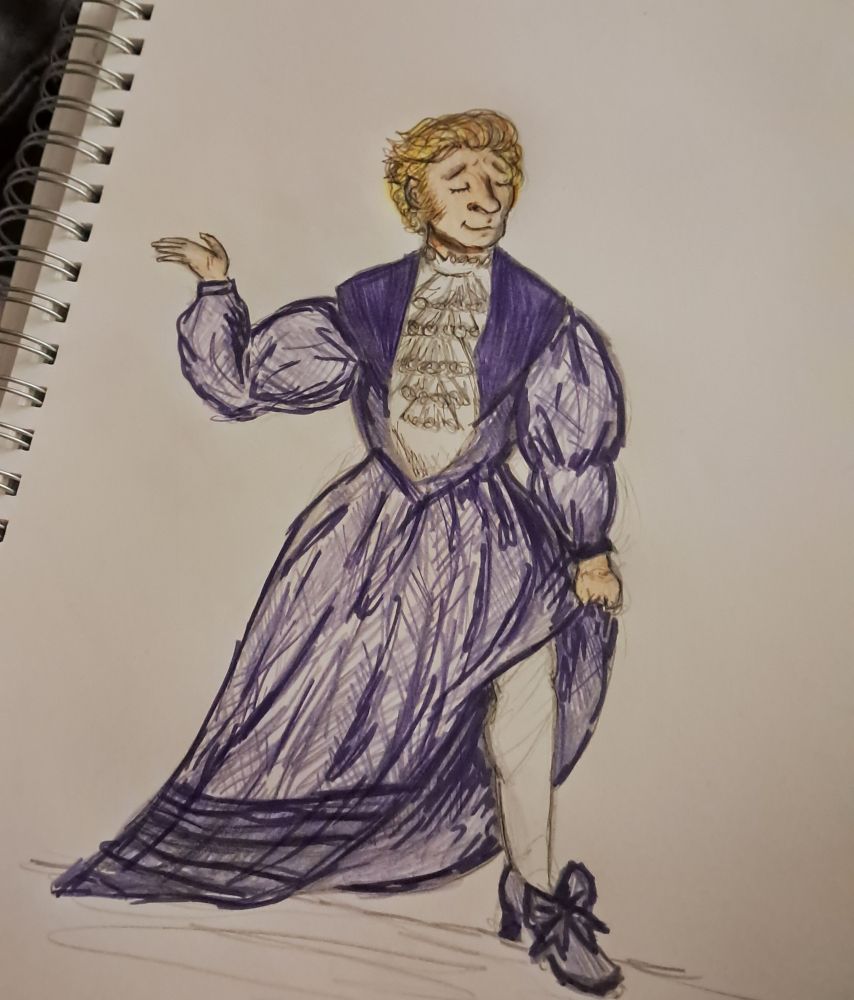 pencil and felt tip drawing of stede bonnet in a purple dress