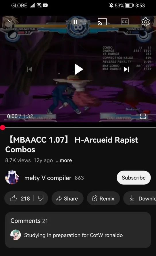 A screenshot of a YouTube combo video for Melty Blood Actress Again Current Code H-Arcueid labeled "Rapist Combos," and a comment that says "Studying in preparation for City of the Wolves Ronaldo."