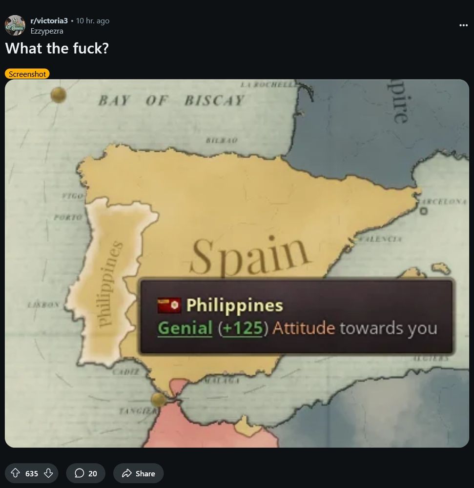 A screenshot of the Iberian Peninsula in Victoria 3, but with the Philippines in control of the territory usually held by Portugal, sitting right alongside its colonial master Spain.