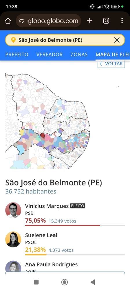 mapa do estado de Pernambuco dividido por município destacando  a cidade de São José do Belmonte, com 36.752 habitantes, indicando Vinícius Marques como prefeito eleito
