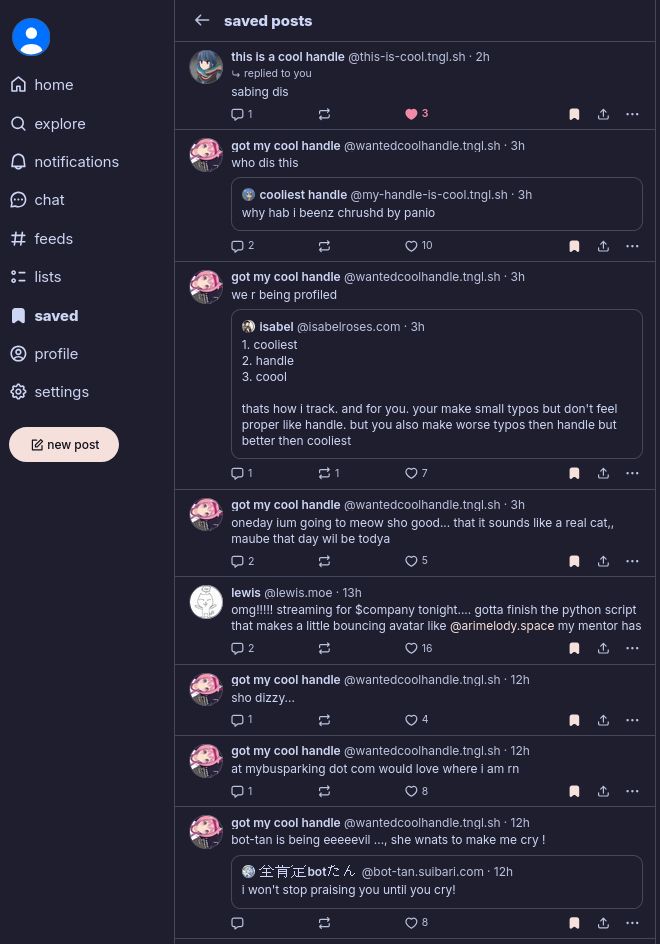 screenshot of this account's bluesky saves showing loads of saved posts