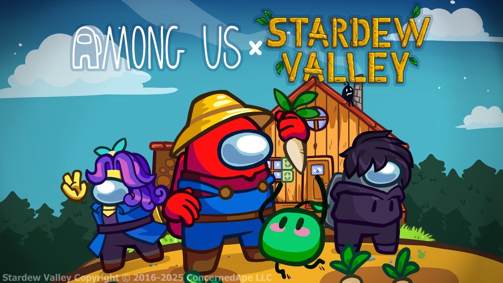 Keyart of the Among Us x Stardew Valley Cosmicube. 3 Crewmates stand at a farm, from left to right:

- Yellow wearing the Abigail's Locks Hat and Abigail's Outfit Skin
- Red wearing the Prized Straw Hat and Work Overalls Skin beside a Junimo Pet
- Gray wearing the Sebastian's Bangs Hat and Sebastian's Hoodie Skin