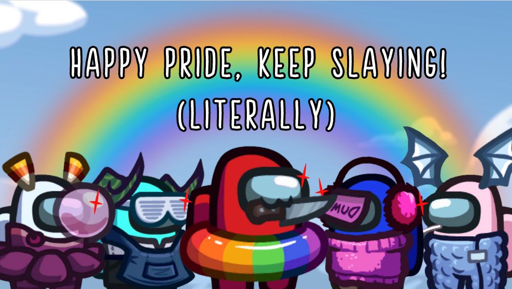 5 Impostors photoshopped over the Airship Ejection background with a rainbow above them.

From left to right: 

A White Impostor wearing the Blossoming Skin, Yummy Gummy Visor, and Candycorny Hat.

A Cyan Impostor wearing the Take Your Order Skin, Stunner Shades Visor, and Vine Just Vine Hat.

A Red Impostor wearing the I Can't Swim Skin in Rainbow and the Let Me See What You Have Visor.

A Blue Impostor wearing the Cozy Sweater Skin, Note 2 Self Visor, and Muffs for the Ears Hat.

A Rose Impostor wearing the Fragile Skin, Lollipop Visor, and Batty Hat.