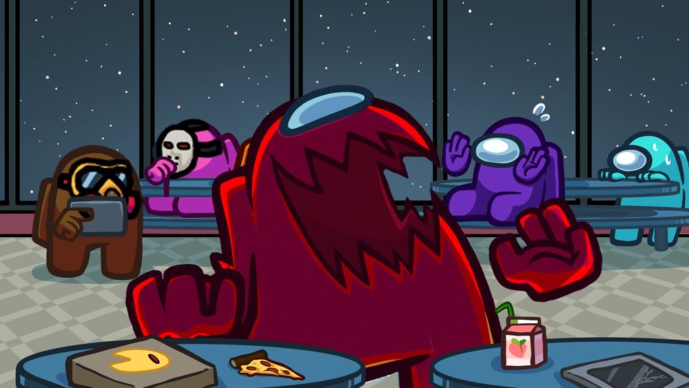 A Red Impostor in the centre of the Cafeteria laughs evilly with their hands in the air. At the tables to the left, a Brown Impostor and Pink Impostor wear masks and watch Red. Brown holds up their phone to record and Pink has their hand on their face in deep thought. At the tables to the right, a Purple and Cyan Crewmate watch in fear. Purple has their hands up and Cyan has sweat marks down their face.