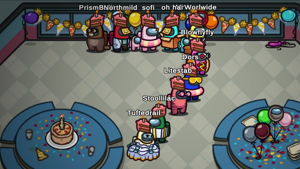 Crewmates in Caked Up hats lining up in The Skeld to form a 