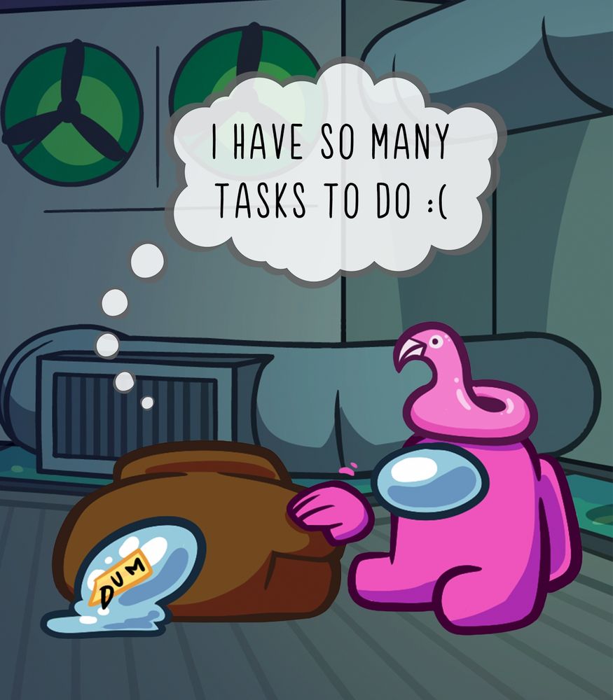 A Brown Crewmate wearing the Note 2 Self Visor cries on the floor with a speech bubble that says "I have so many tasks to do :(". A Pink Crewmate wearing the Floaty Flamingo Hat comfortingly pats them.