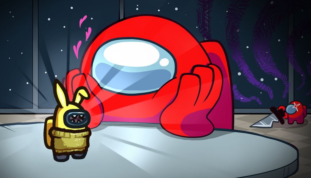 A Red Crewmate sits at a table and stares lovingly at a mini Yellow Crewmate dressed in the style of a Labubu with the 18 Carrot Gold Hat, Wurm Visor, and Cozy Sweater Skin. In the background a tiny Red Impostor glares at them while holding a large knife.