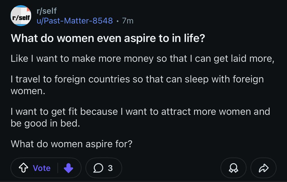 Reddit post made by a sad piece of shit. The title is "What do women even aspire to in life?"

The body of the post is:

"What do women even aspire to in life?


Like I want to make more money so that I can get laid more,

I travel to foreign countries so that can sleep with foreign women.

I want to get fit because I want to attract more women and be good in bed.

What do women aspire for?"