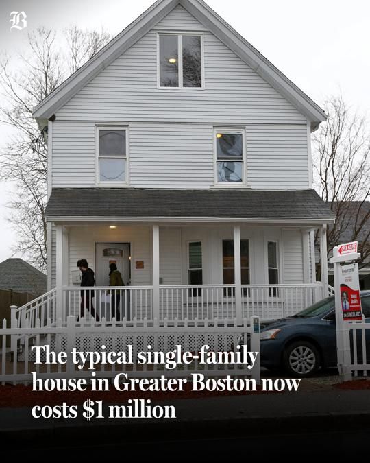 The front of a grey single-family house with two people on the porch. The white text reads: "The typical single-family house in Greater Boston now costs 81 million."