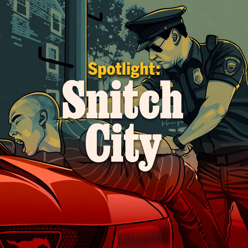 An illustration of a person on top of a police car being handcuffed by an officer. Text on the card reads: “Spotlight: Snitch City.”