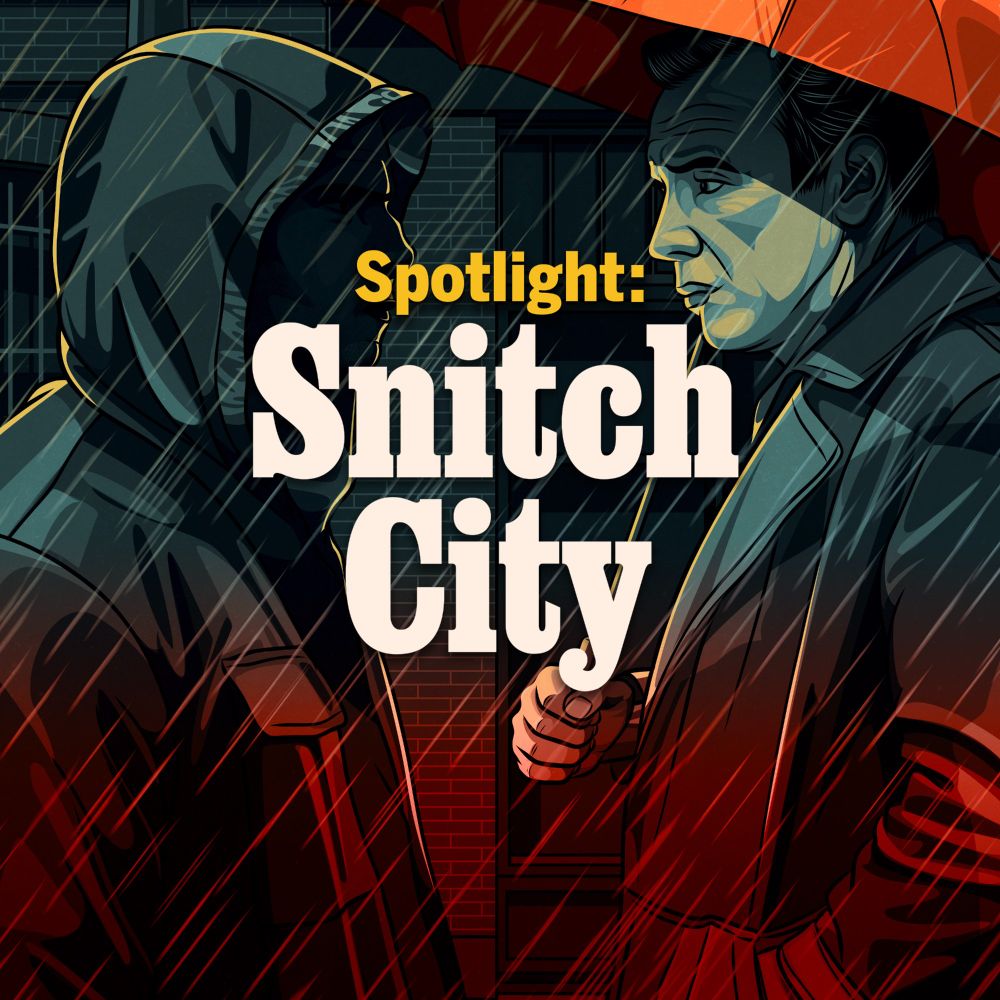 An illustration of two people standing in the rain. Text on the card reads: “Spotlight: Snitch City.”
