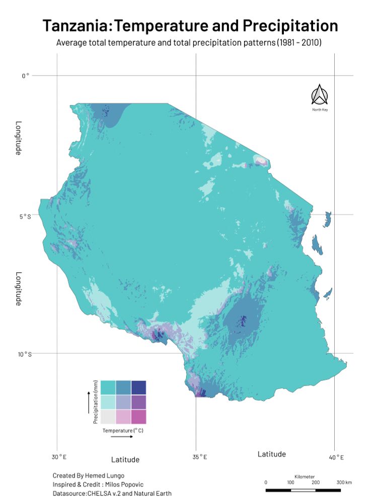 A Bivariate  Map🗺️ of Tanzania 🇹🇿 showing Temperature and Precipitation 🌡️🌧️(1981 - 2010)
Dataset from Chelsa